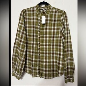 Ann Taylor Loft Green Plaid Ruffle Collar Linen Blend Long Sleeve Blouse NWT